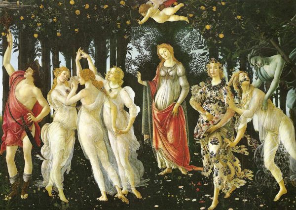 Primavara
Lucrarea realizata in 1482 o reprezinta pe Venus, in jurul careia sunt Primavara imprastiind flori, Flora si Zefirul, cele Trei Gratii si zeul Mercur cu caduceul, deasupra lor Cupidon
Cuvinte cheie: Venus Mercur Cupidon