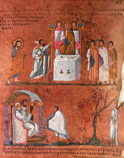 Codex Rossanensis
scena reprezinta pe Hristos inaintea lui Pilat
Cuvinte cheie: manuscris miniatura Noul_Testament Hristos Pilat codex rossanensis