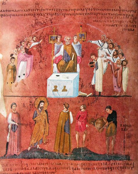 Codex Rossanensis
scena reprezinta alegerea multimii intre Hristos si talharul Barabas, pentru condamnarea la moarte
Cuvinte cheie: manuscris miniatura Noul_Testament Hristos Barabas codex rossanensis