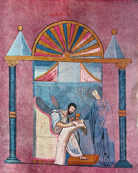 Click pentru imaginea mărită
==============
Codex Rossanensis
scena reprezinta pe evanghelistul Marcu scriind
Cuvinte cheie: manuscris miniatura Noul_Testament Hristos evanghelist Marcu codex rossanensis Codex Rossanensis
scena reprezinta pe evanghelistul Marcu scriind
Cuvinte cheie: manuscris miniatura Noul_Testament Hristos evanghelist Marcu codex rossanensis
